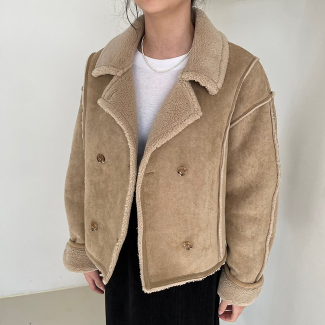 루즈핏 에코 양털 카라넥 더블 스웨이드 무스탕 숏 자켓 겨울 여성 아우터